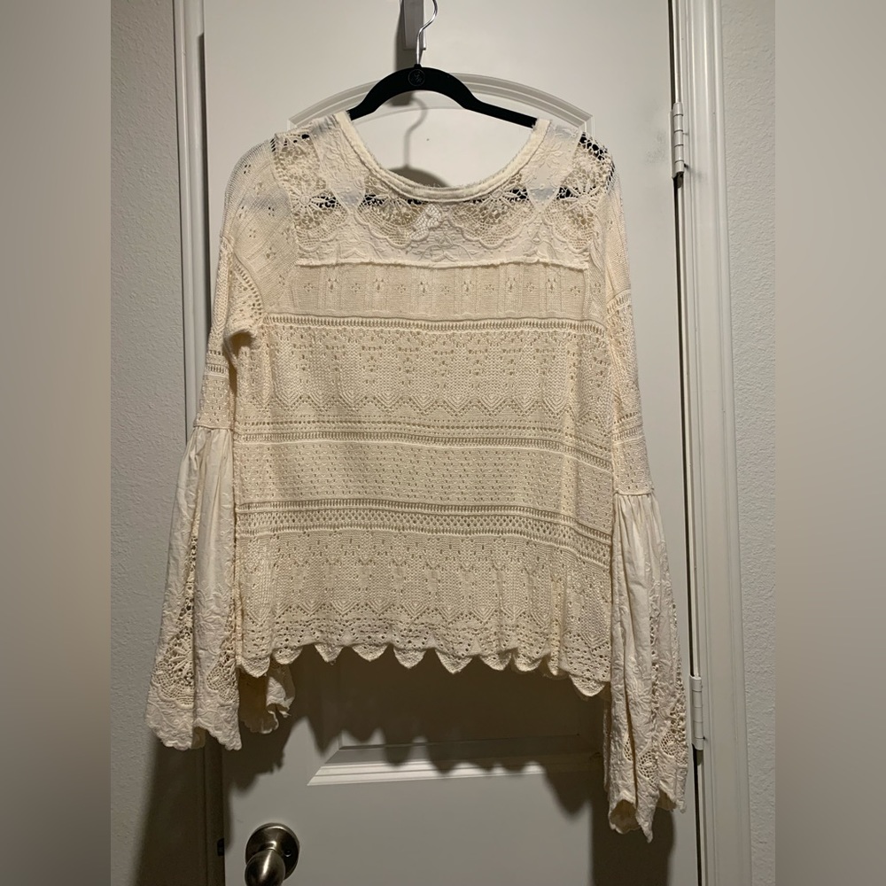 Free People "Once Upon a Time" Ivory Crochet Detail Bell Sleeve Sweater